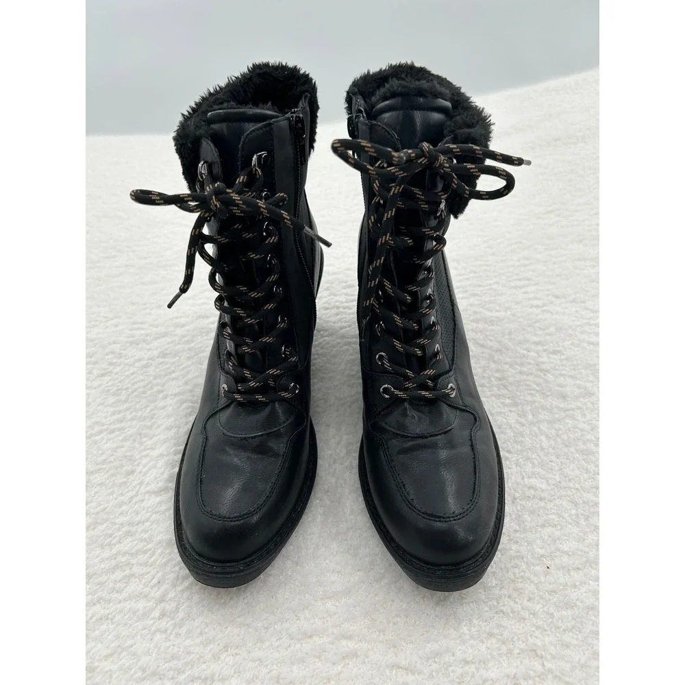 Rouge Helium Womens Black Wedge Ankle Boots Faux Fur Trim Lace Up Side‎ Zip 10